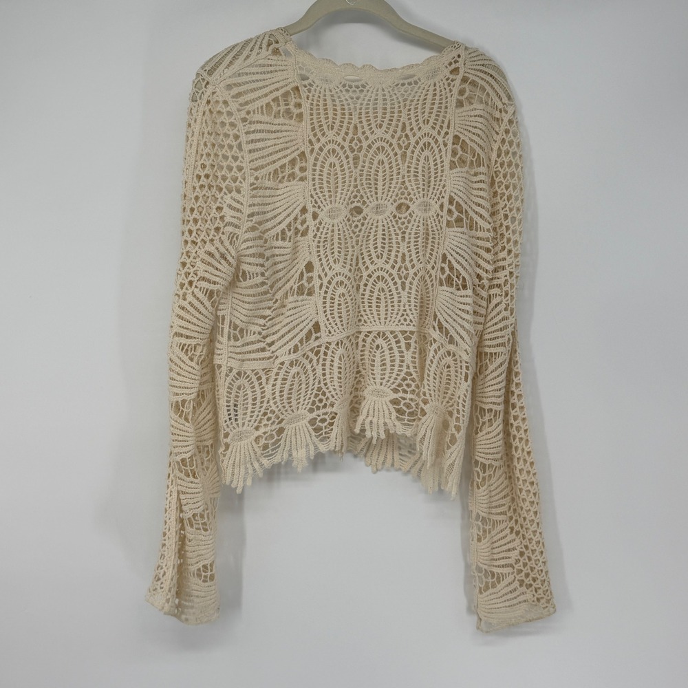 Boho Crochet Lace Long Sleeve Top‎ Cream Sheer Bell Sleeve Festival Blouse